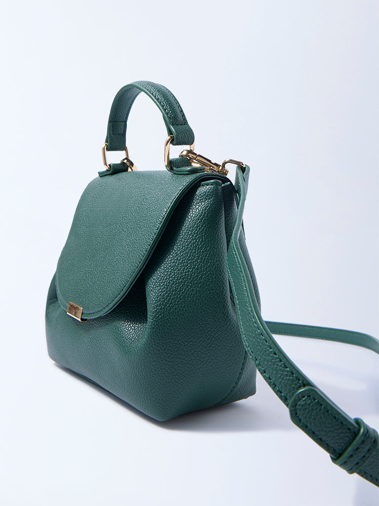 Westside Green Textured Satchel Bag with Sling Handle