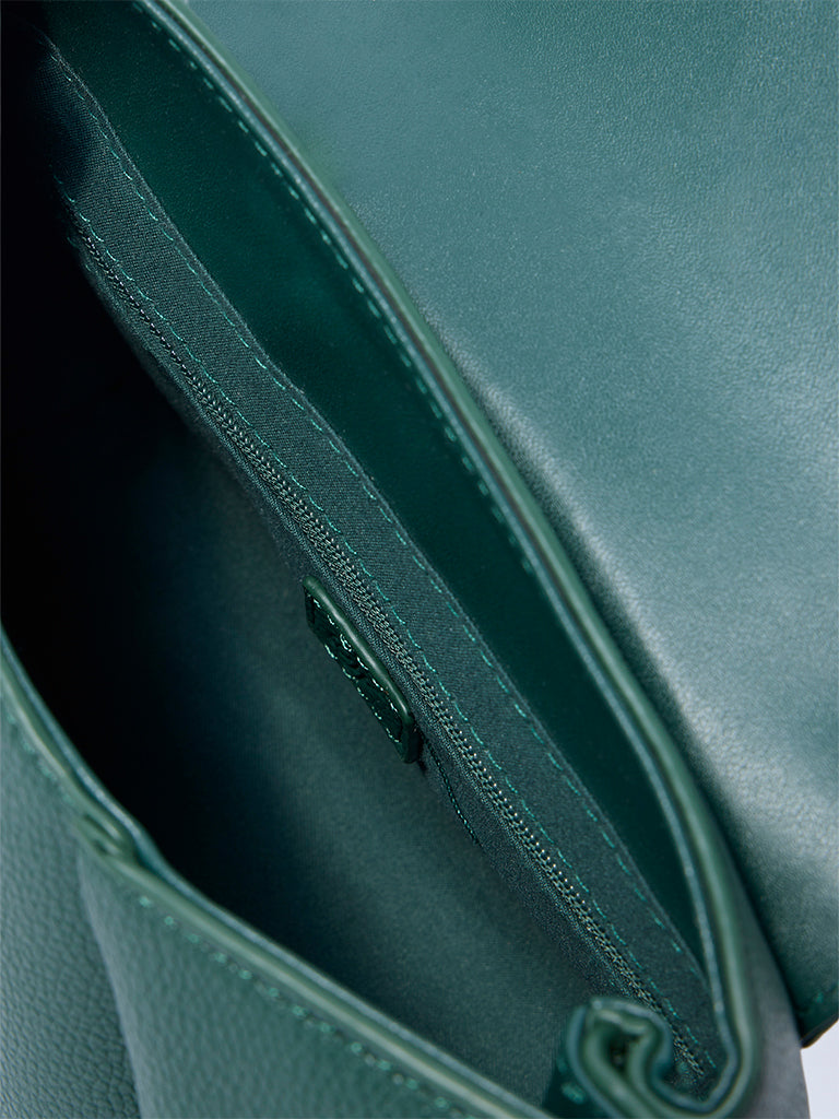 Westside Green Textured Satchel Bag with Sling Handle