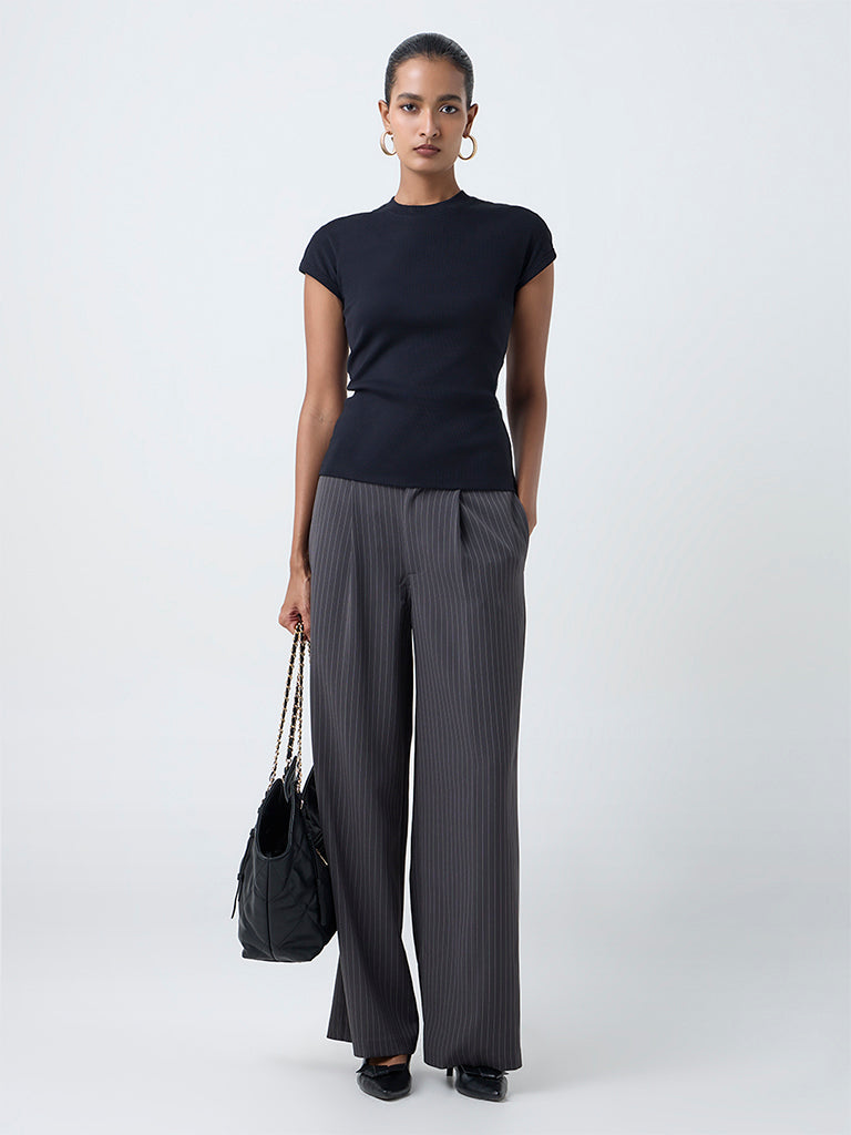 Wardrobe Black Ribbed-Textured Cotton-Blend Top