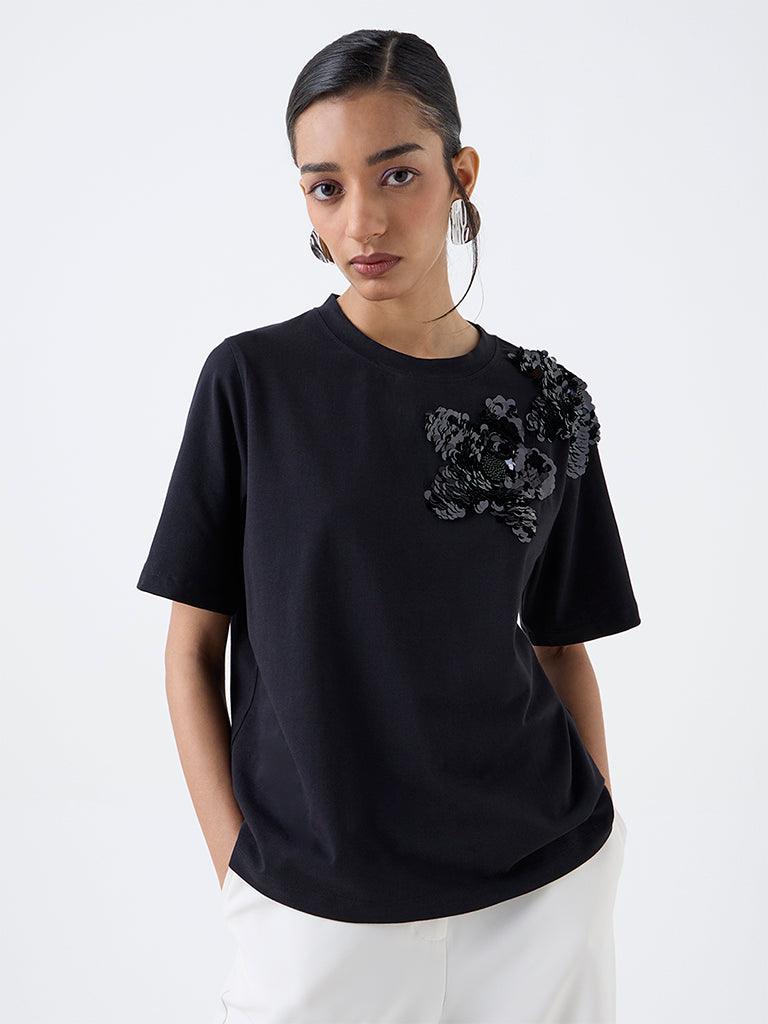Wardrobe Black Embellished Cotton-Blend T-Shirt