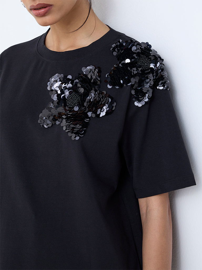 Wardrobe Black Embellished Cotton-Blend T-Shirt