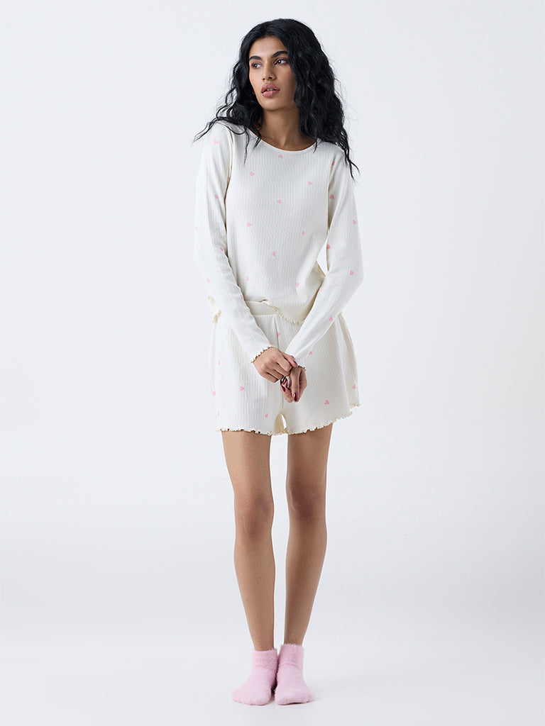 Superstar White Heart-Printed Cotton-Blend Top