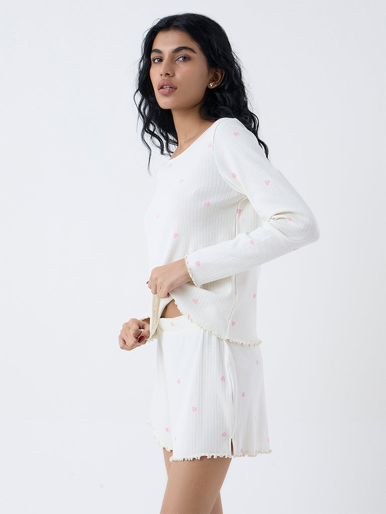Superstar White Heart-Printed Cotton-Blend Top
