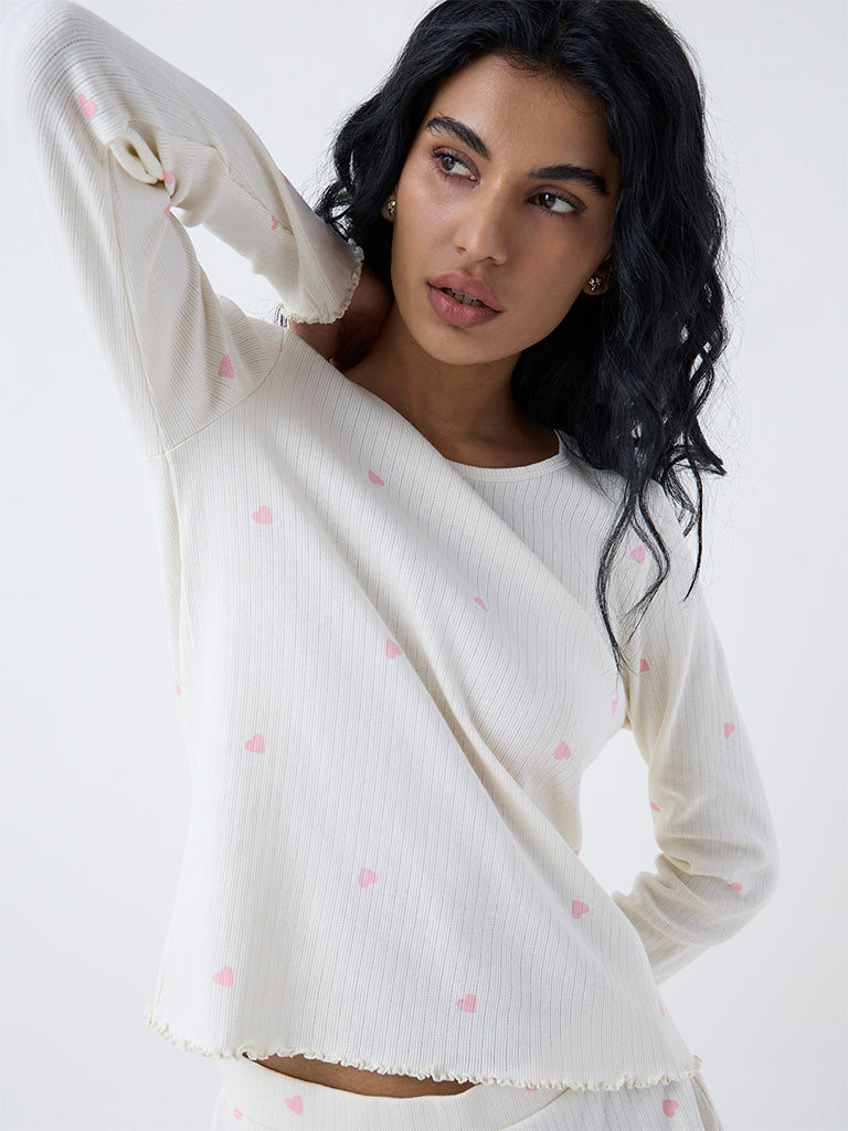 Superstar White Heart-Printed Cotton-Blend Top