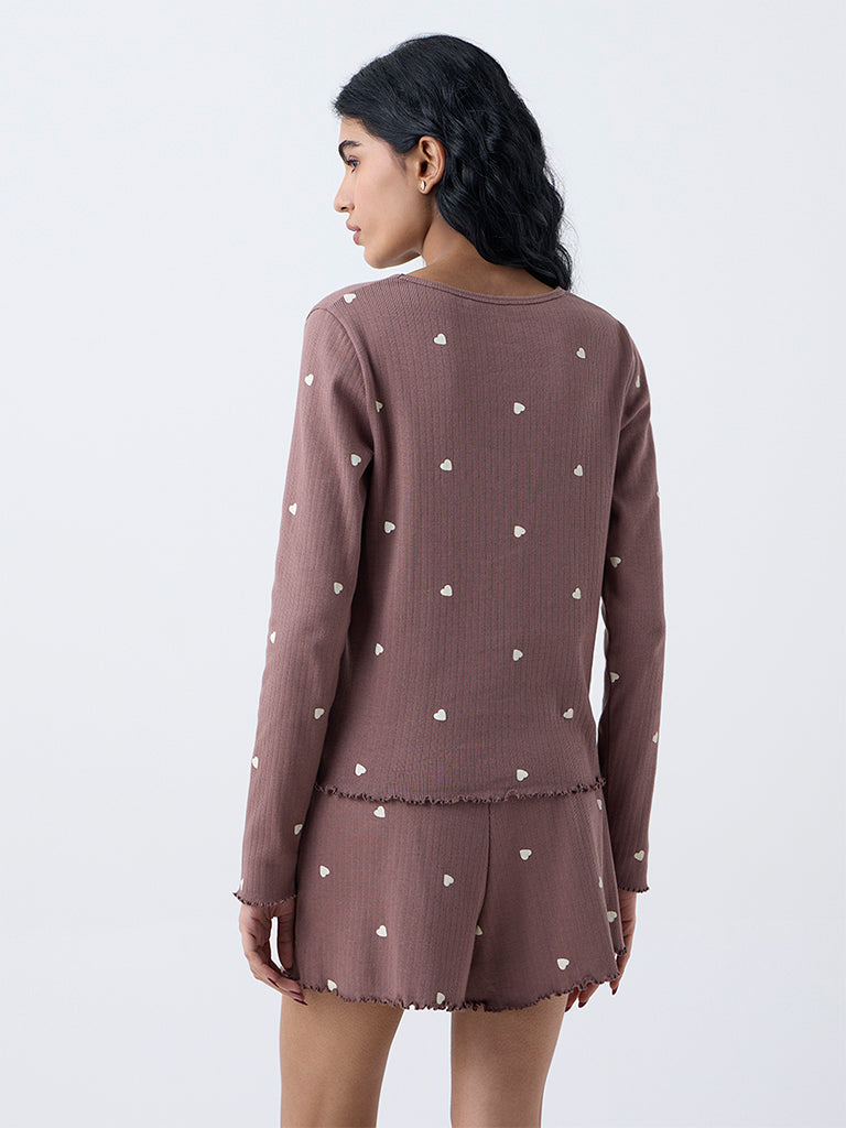 Superstar Brown Heart-Printed Cotton-Blend Top