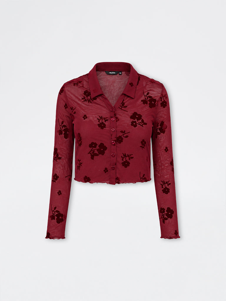 Nuon Burgundy Floral Printed Mesh Blouse with Camisole