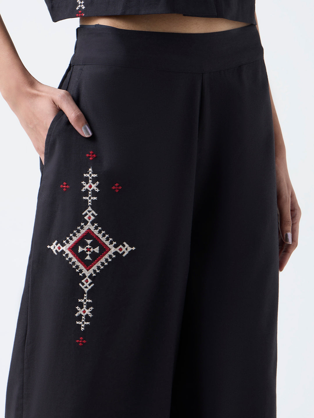 Bombay Paisley Black Embroidered Cotton-Blend Pants