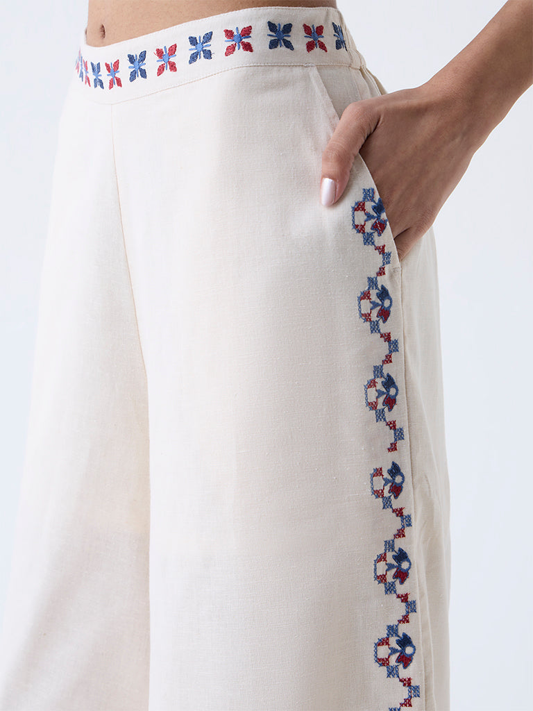 Bombay Paisley Off-White Embroidered Cotton-Blend Palazzos