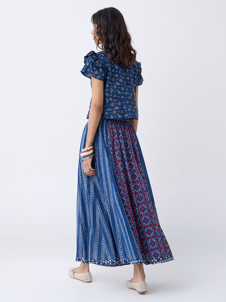 Bombay Paisley Blue Printed Cotton Maxi Skirt