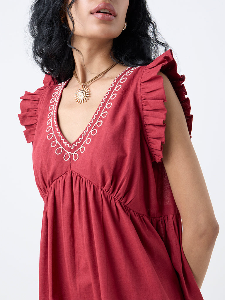 Bombay Paisley Maroon Embroidered Cotton-Blend A-Line Dress