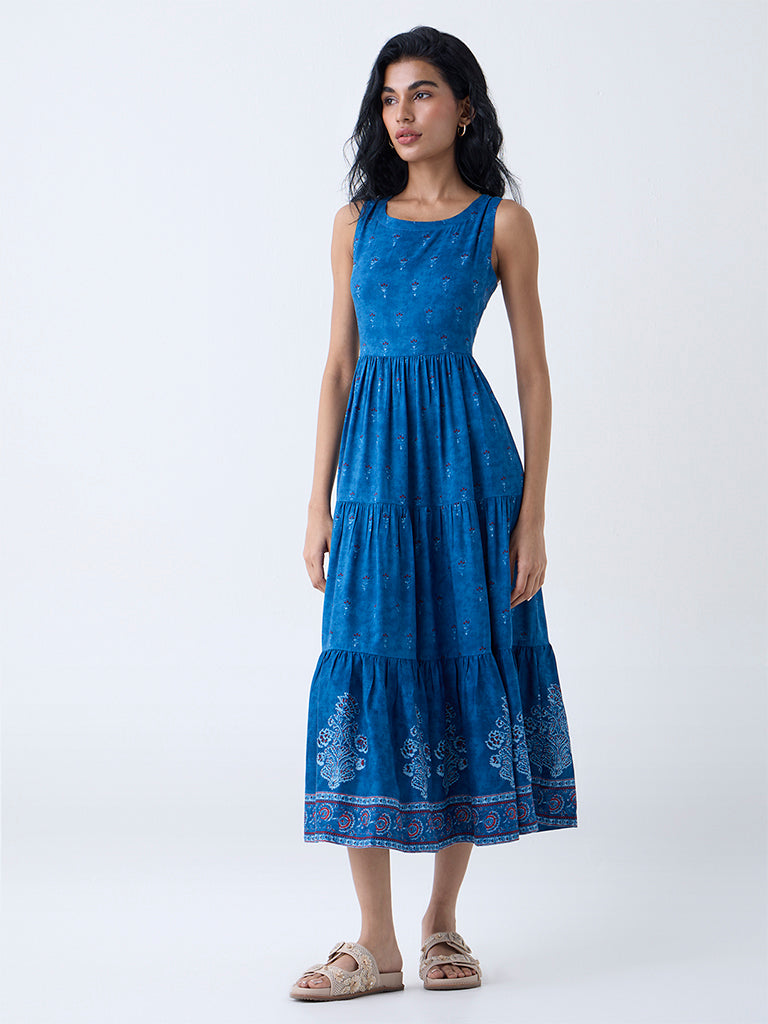 Bombay Paisley Blue Floral Pattern Tiered Dress