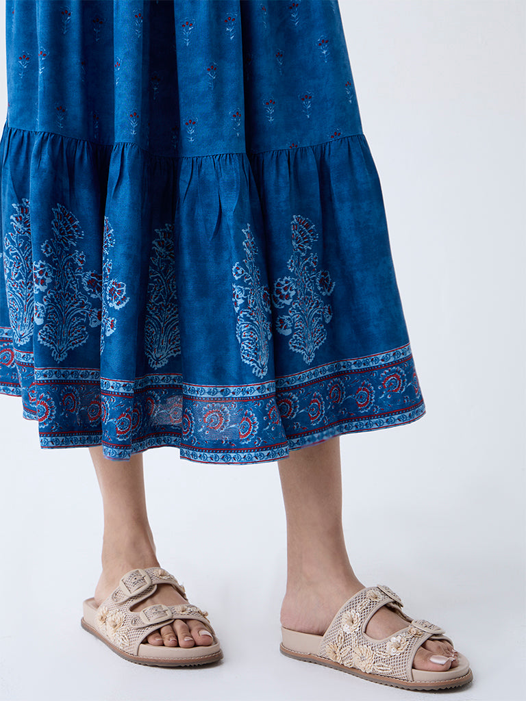 Bombay Paisley Blue Floral Pattern Tiered Dress