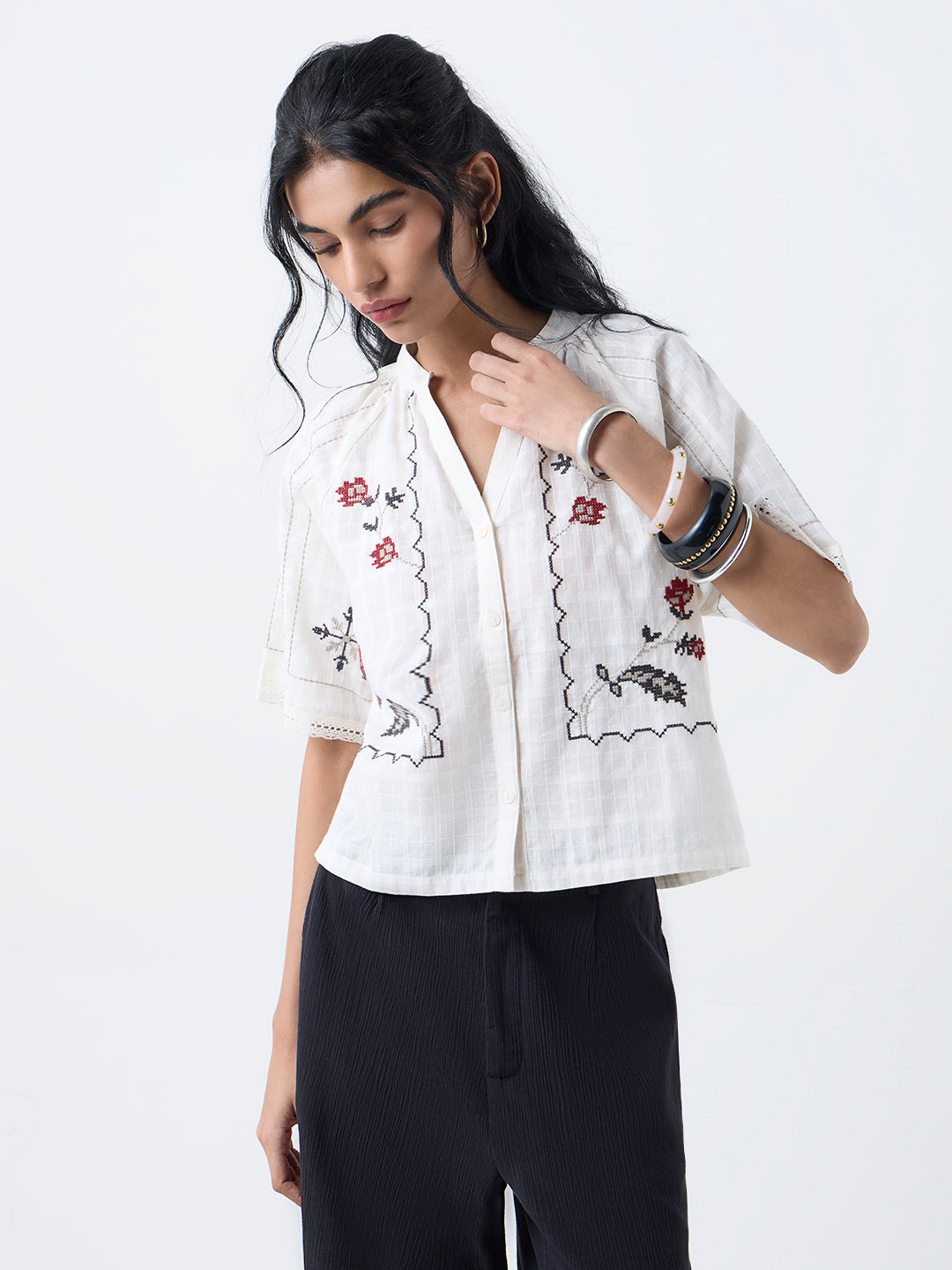 Bombay Paisley Off-White Floral Embroidered Cotton Shirt