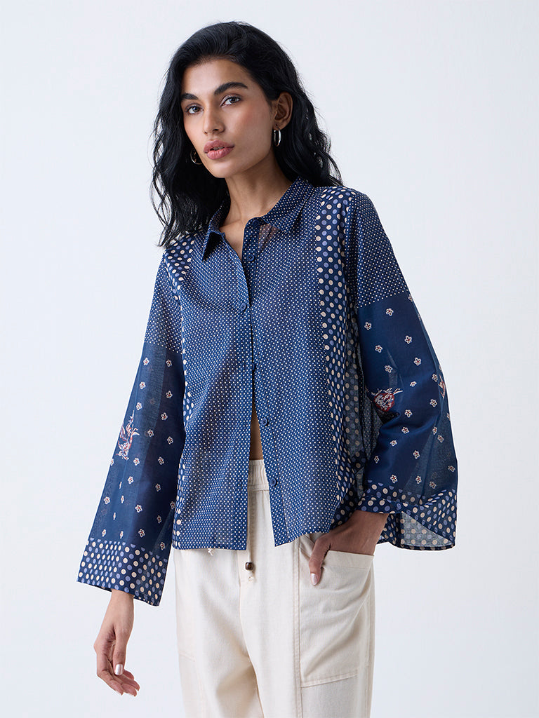 Bombay Paisley Dark Blue Badla Printed Cotton Shirt