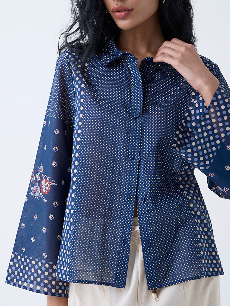 Bombay Paisley Dark Blue Badla Printed Cotton Shirt