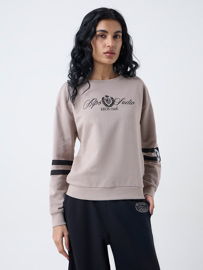 Studiofit Taupe Text Pattern Cotton-Blend Sweatshirt