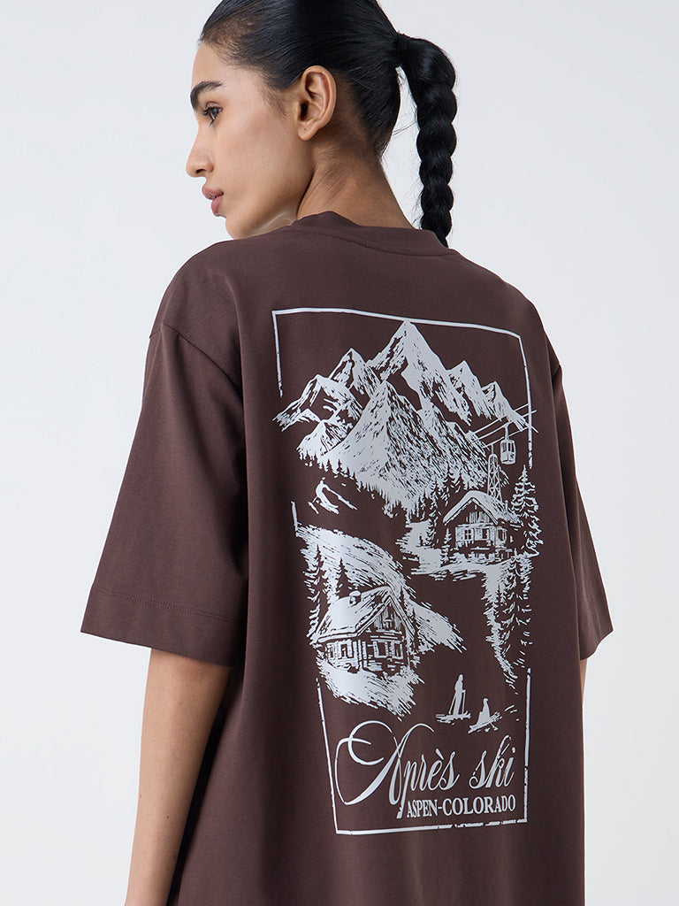 Studiofit Dark Brown Nature-Inspired Cotton T-Shirt