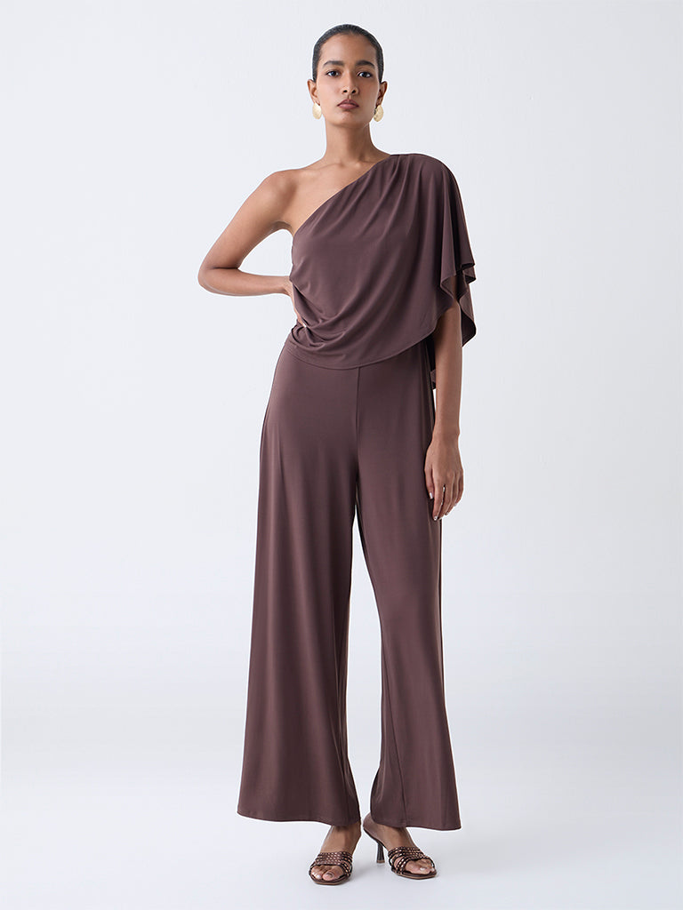 Wardrobe Brown One-Shoulder Jumpsuit
