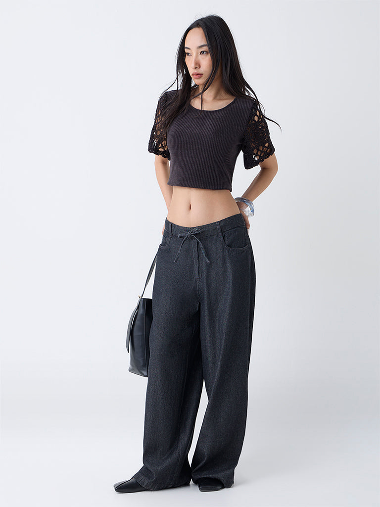 LOV Black Crochet-Detailed Ribbed Top