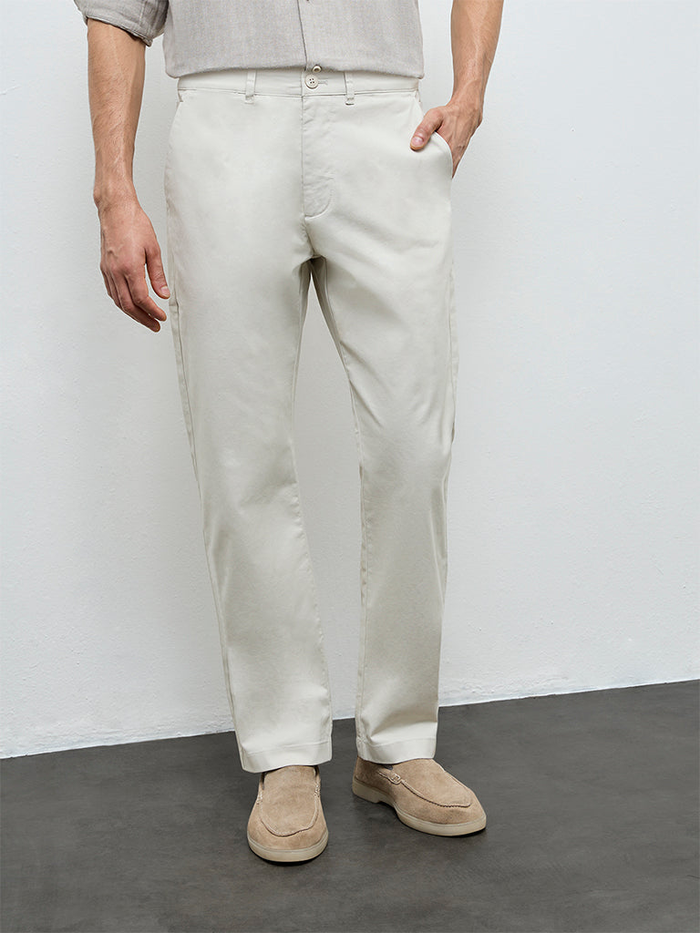 Ascot Beige Relaxed-Fit Mid-Rise Cotton-Blend Trousers