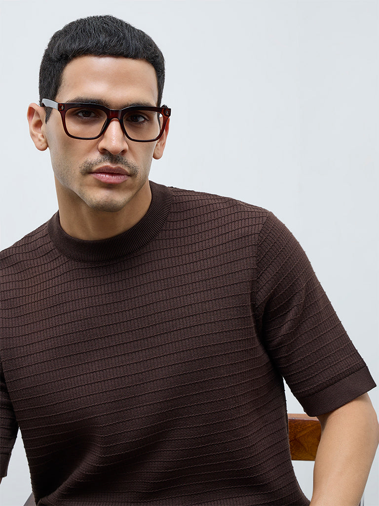 Ascot Dark Brown Textured Relaxed-Fit Cotton T-Shirt