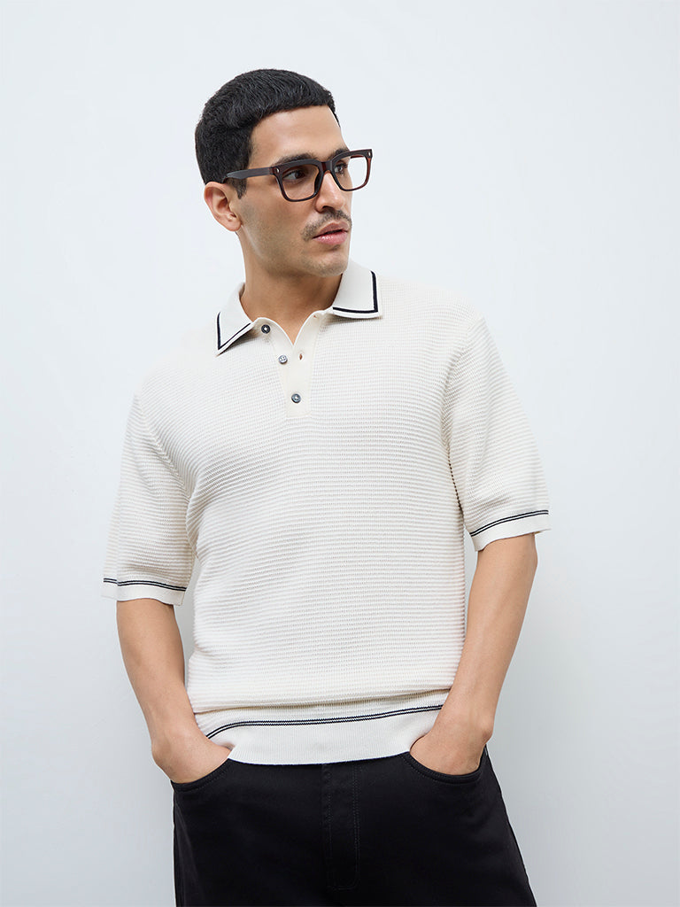 Ascot Off-White Knit-Textured Relaxed-Fit Cotton-Blend Polo T-Shirt