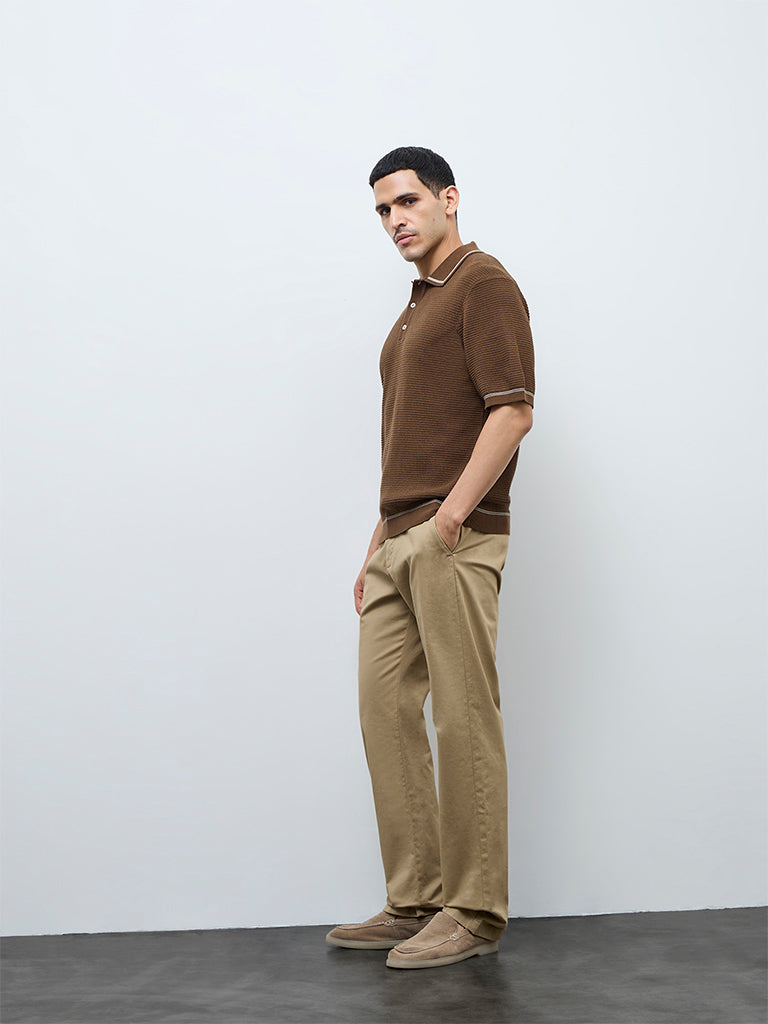 Ascot Tan Knit-Textured Relaxed-Fit Cotton-Blend Polo T-Shirt