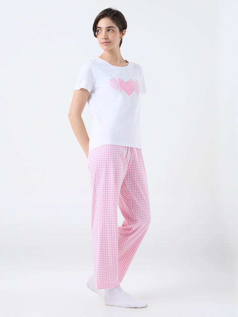 Wunderlove Pink Checkered Cotton T-Shirt and Pyjamas Set