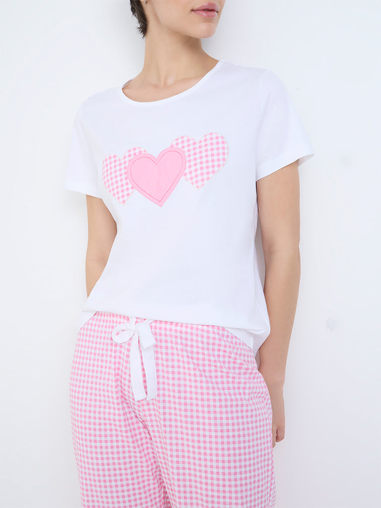 Wunderlove Pink Checkered Cotton T-Shirt and Pyjamas Set