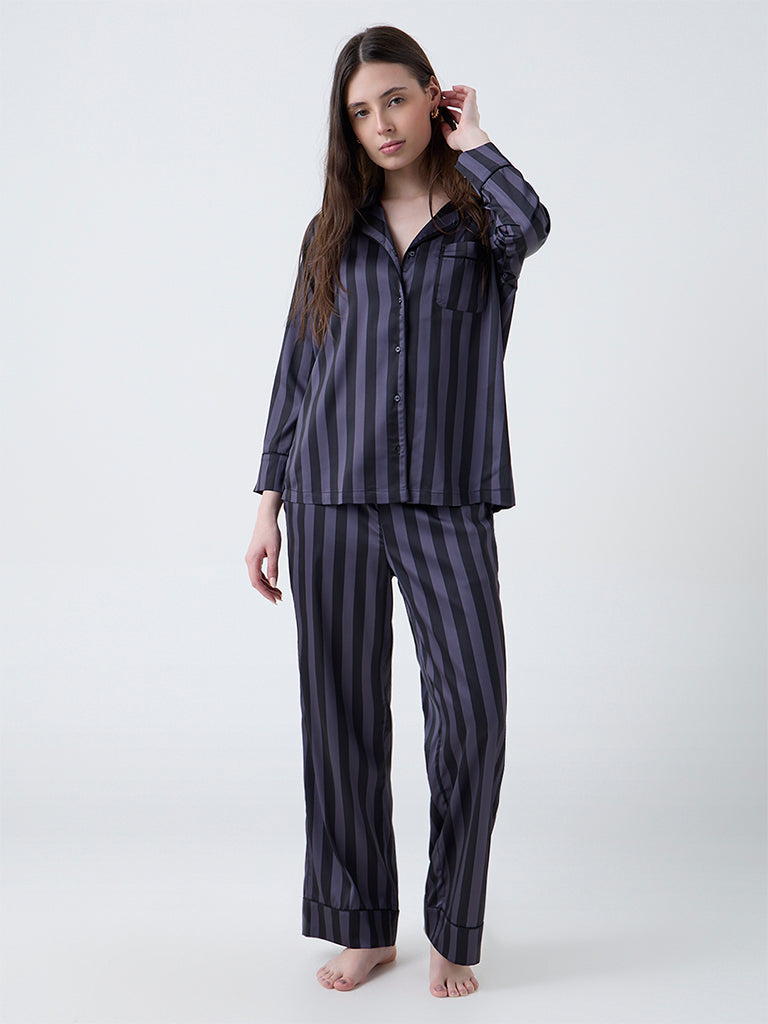 Wunderlove Dark Grey Striped Satin Shirt and Pyjamas Set