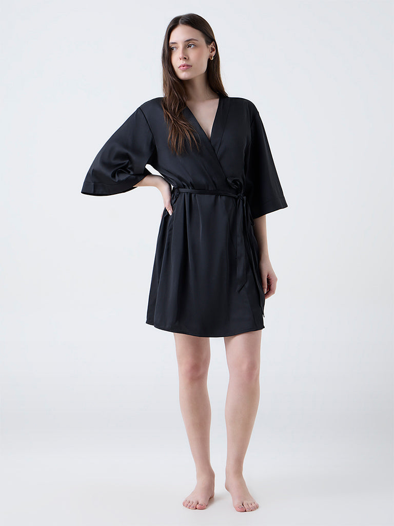 Wunderlove Black Satin Robe with Belt