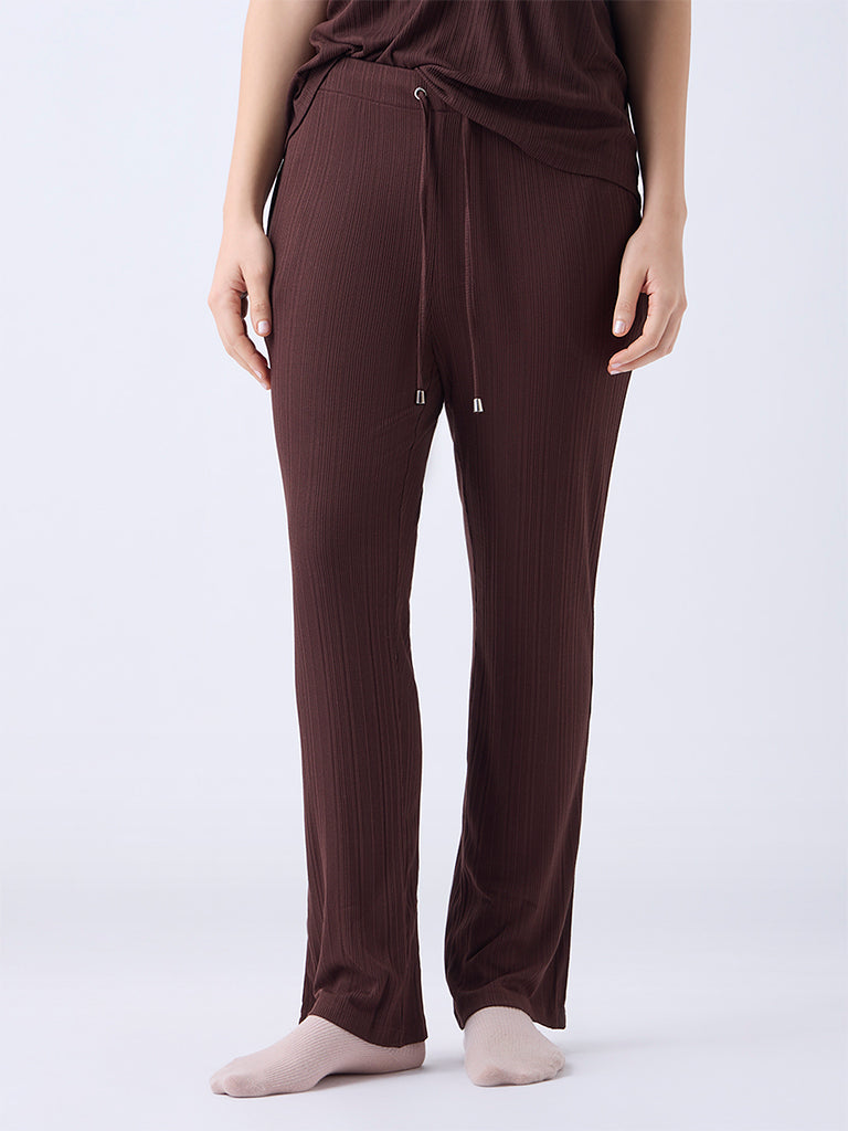 Wunderlove Dark Brown Ribbed-Textured High-Rise Pants
