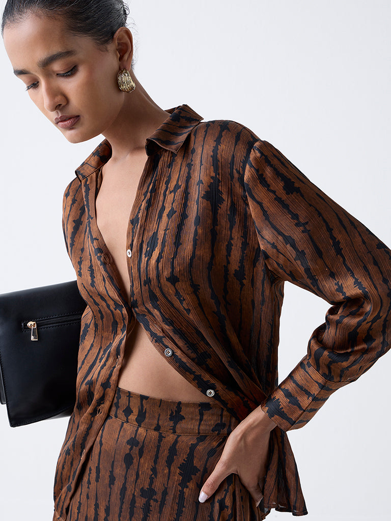 Wardrobe Brown Abstract Design Shirt