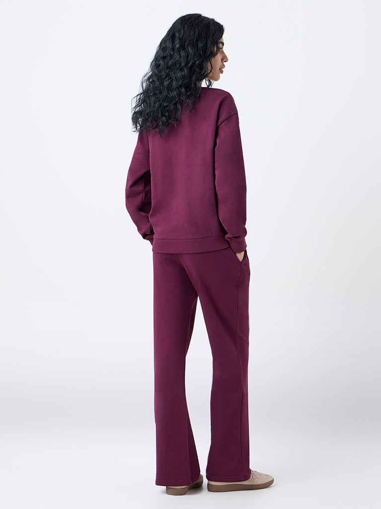 Studiofit Plum Solid High-Rise Cotton Pants