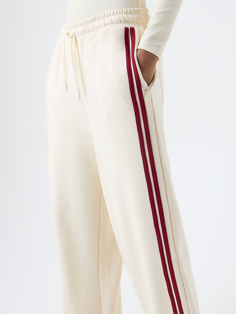 Studiofit Cream Stripe Detailed High-Rise Track Pants