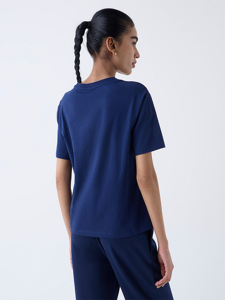 Studiofit Navy Graphic Printed Cotton T-Shirt