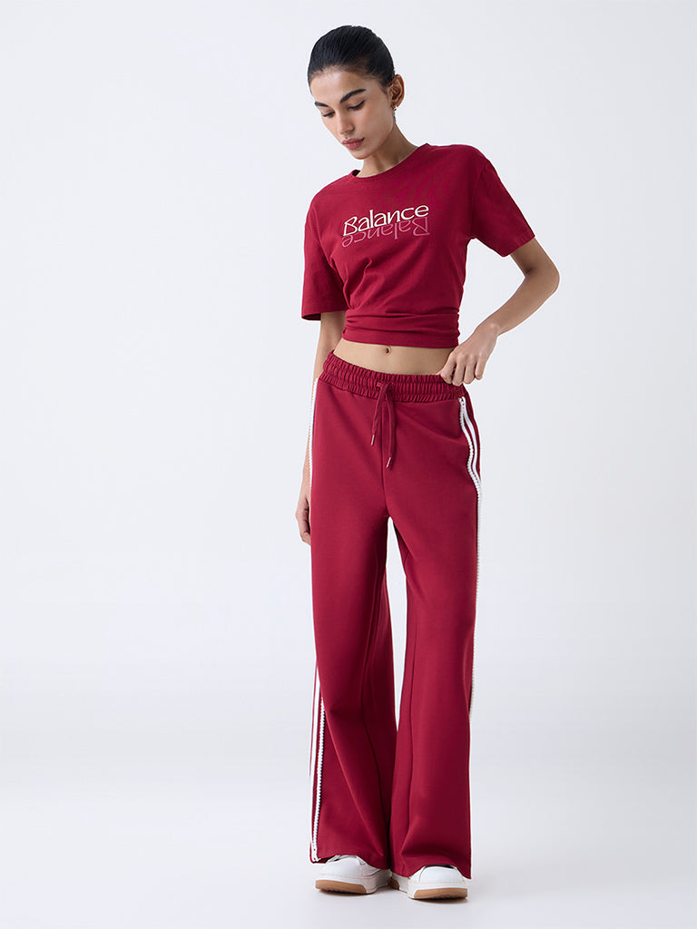 Studiofit Maroon Text Pattern Cotton T-Shirt