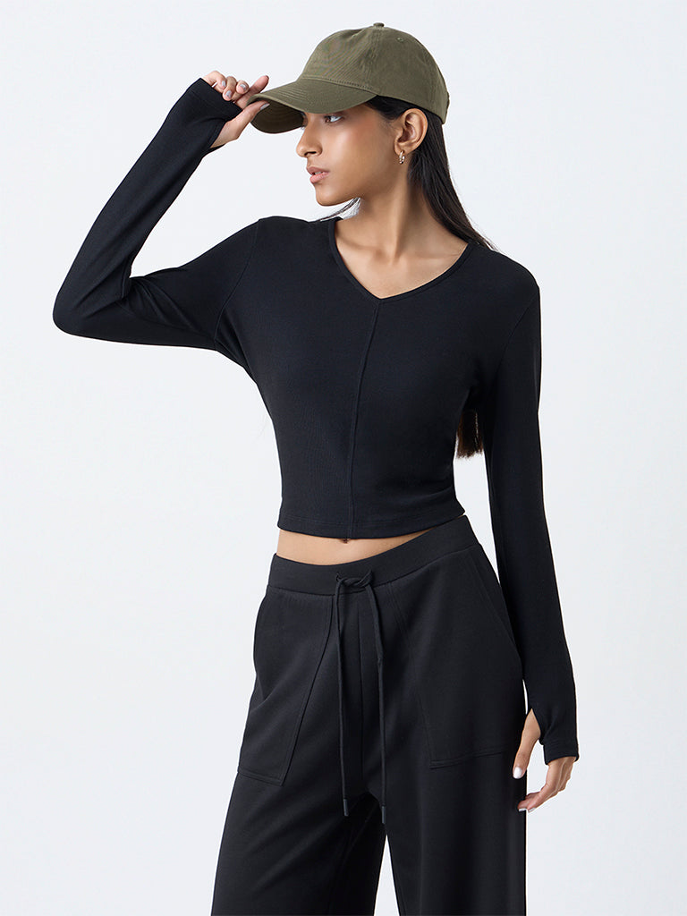 Studiofit Black Ribbed-Textured T-Shirt