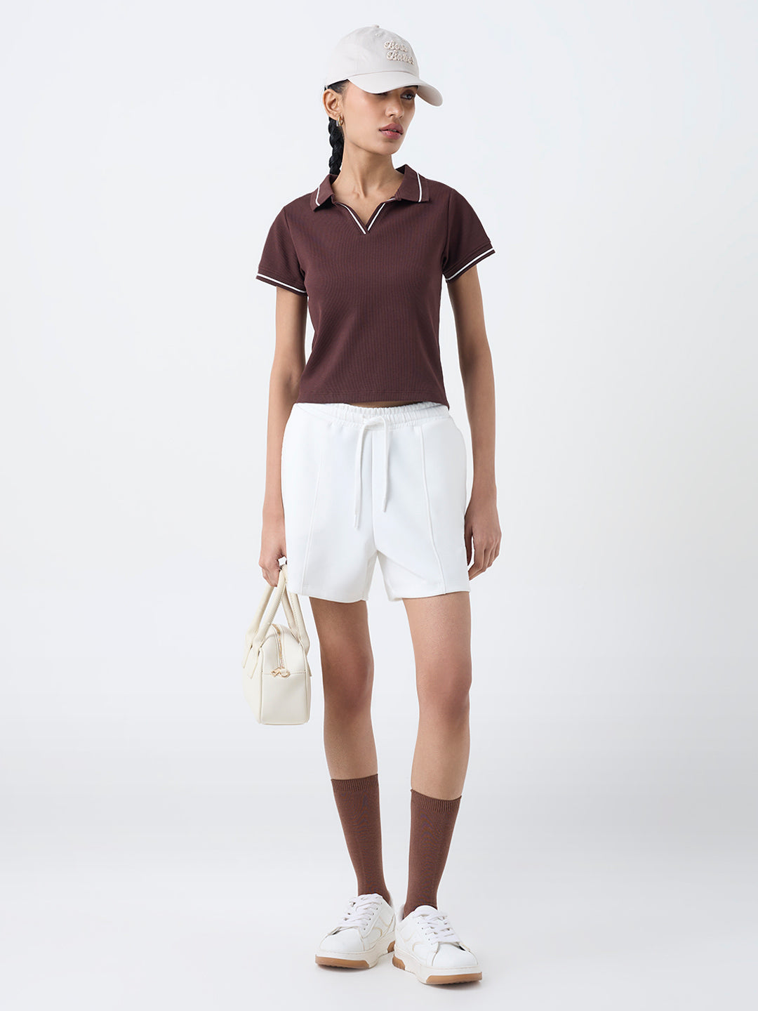 Studiofit Dark Brown Ribbed-Textured Cotton-Blend T-Shirt