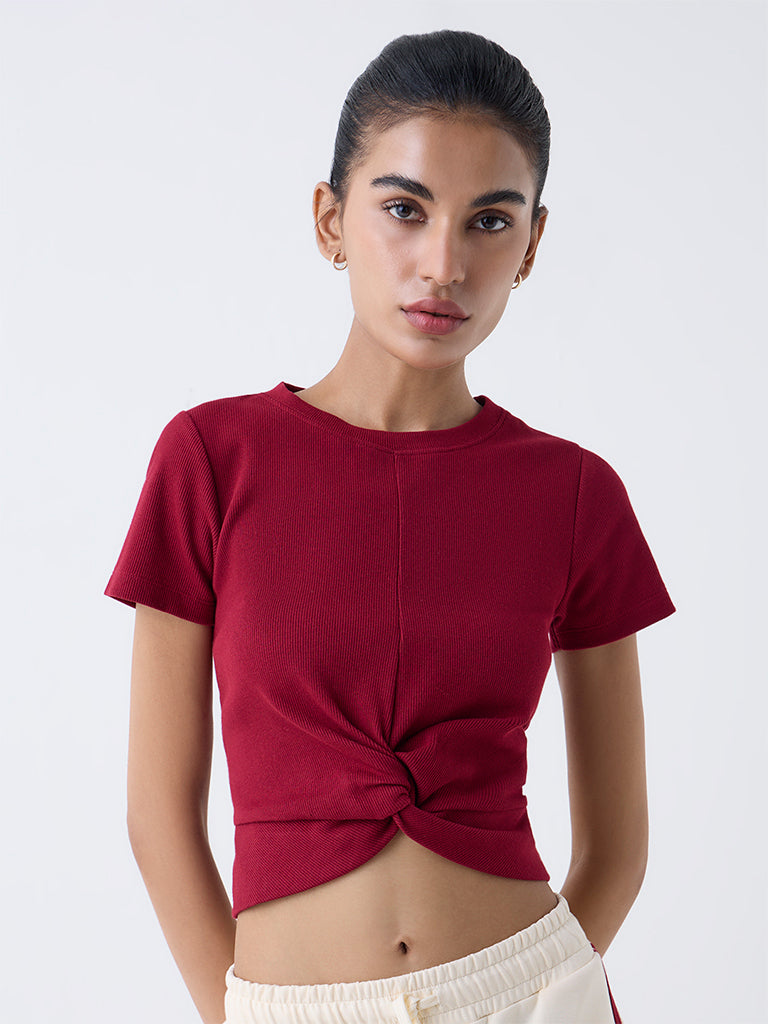 Studiofit Maroon Knot-Detailed Cotton-Blend T-Shirt