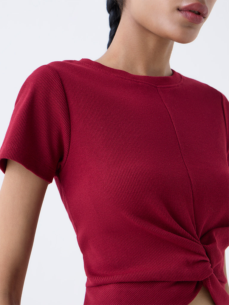Studiofit Maroon Knot-Detailed Cotton-Blend T-Shirt