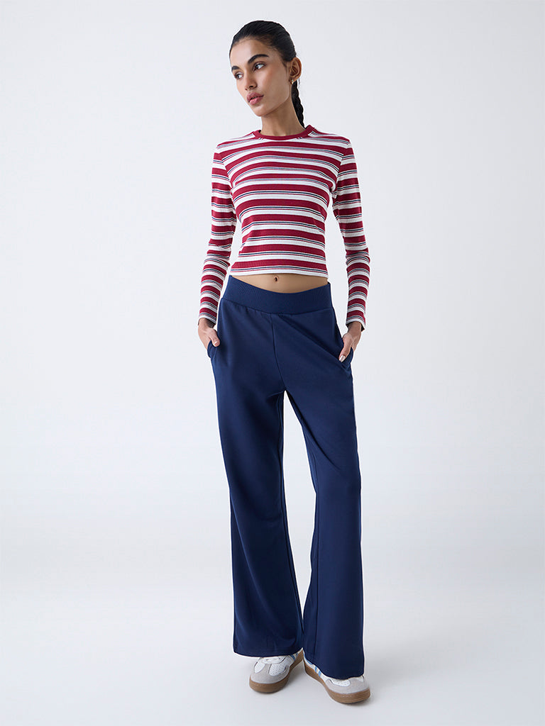 Studiofit Maroon Striped Cotton-Blend T-Shirt