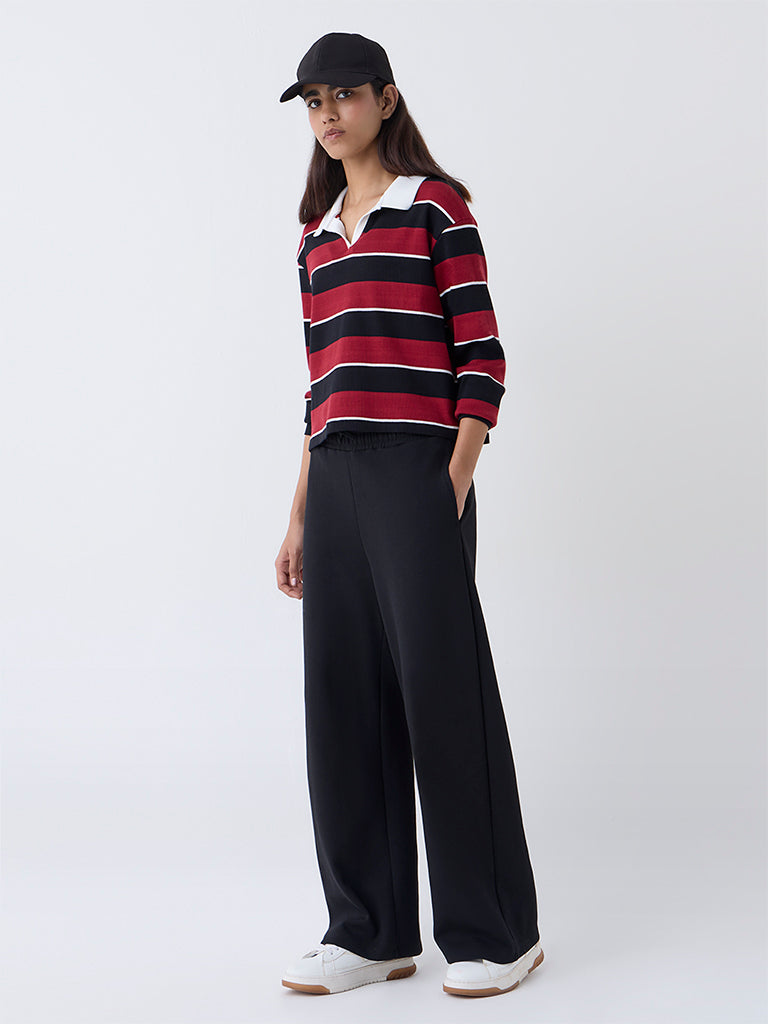 Studiofit Maroon Striped Cotton-Blend T-Shirt