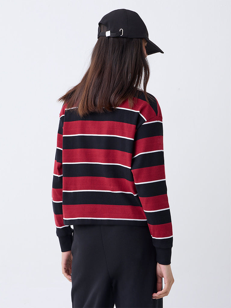 Studiofit Maroon Striped Cotton-Blend T-Shirt