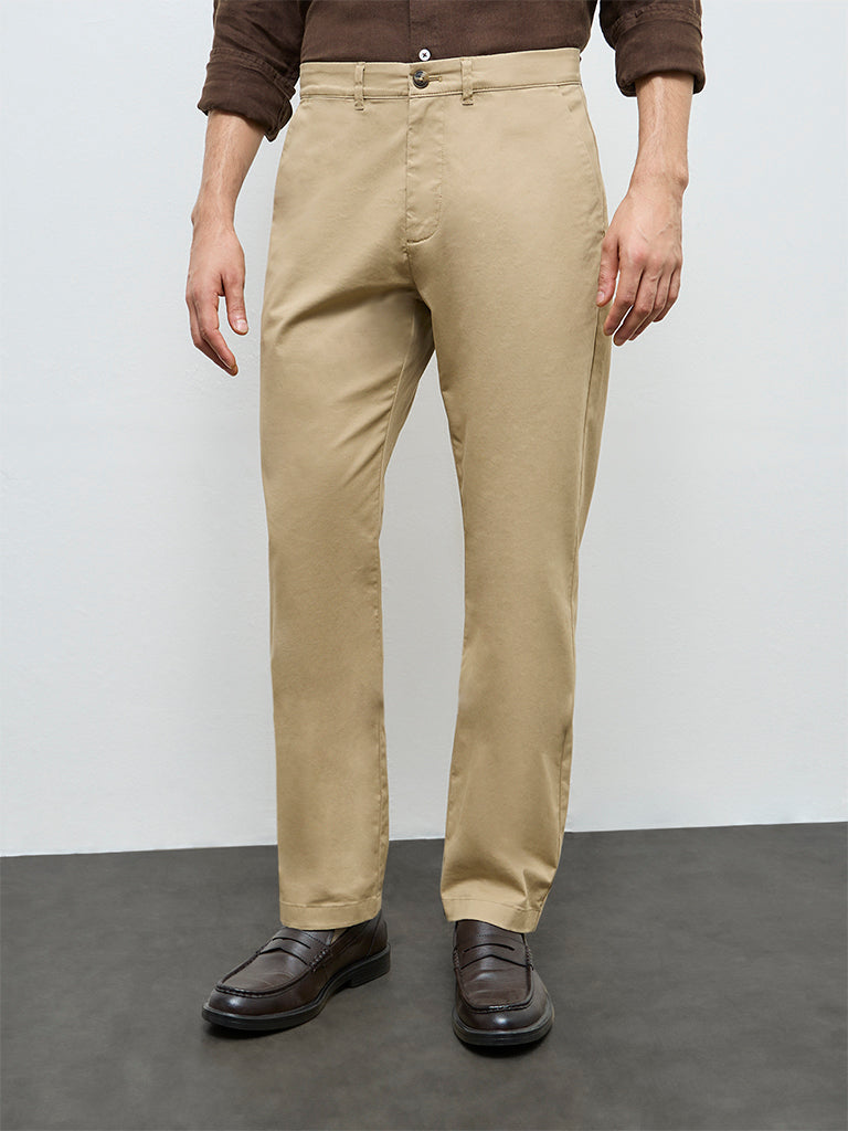 Ascot Khaki Relaxed-Fit Mid-Rise Cotton-Blend Trousers