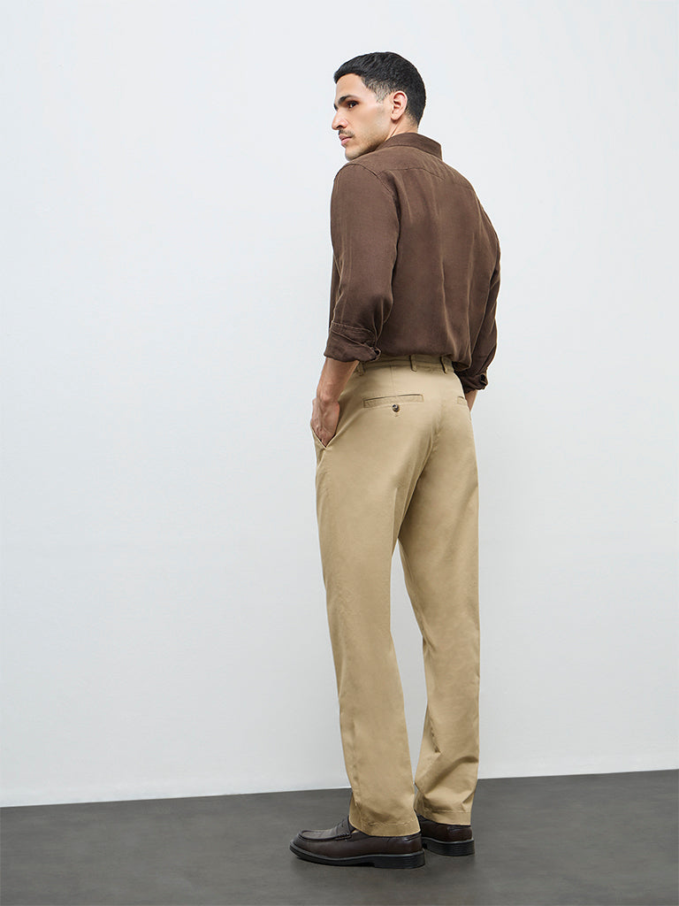 Ascot Khaki Relaxed-Fit Mid-Rise Cotton-Blend Trousers