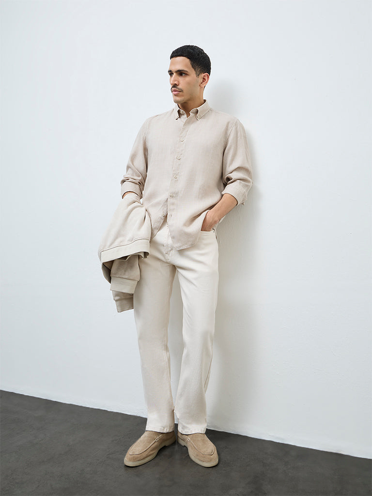Ascot Beige Checks Pattern Relaxed-Fit Linen Shirt
