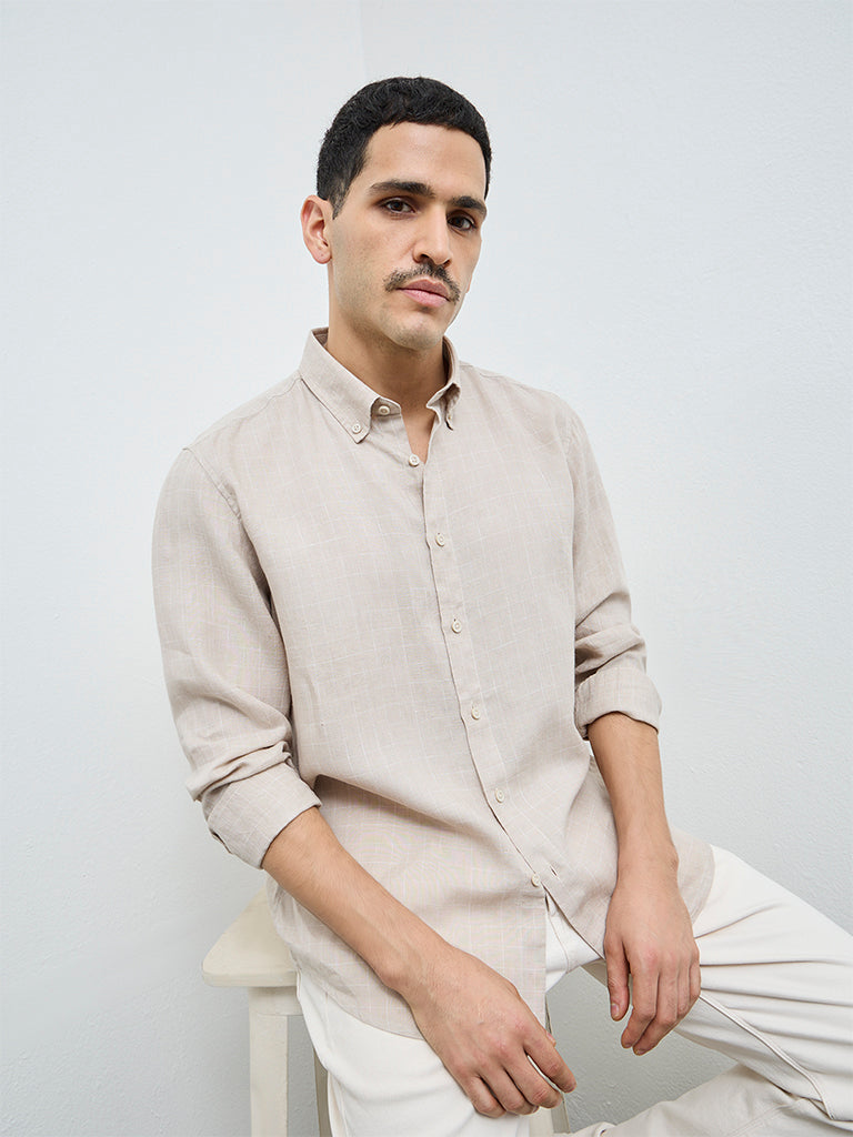 Ascot Beige Checks Pattern Relaxed-Fit Linen Shirt