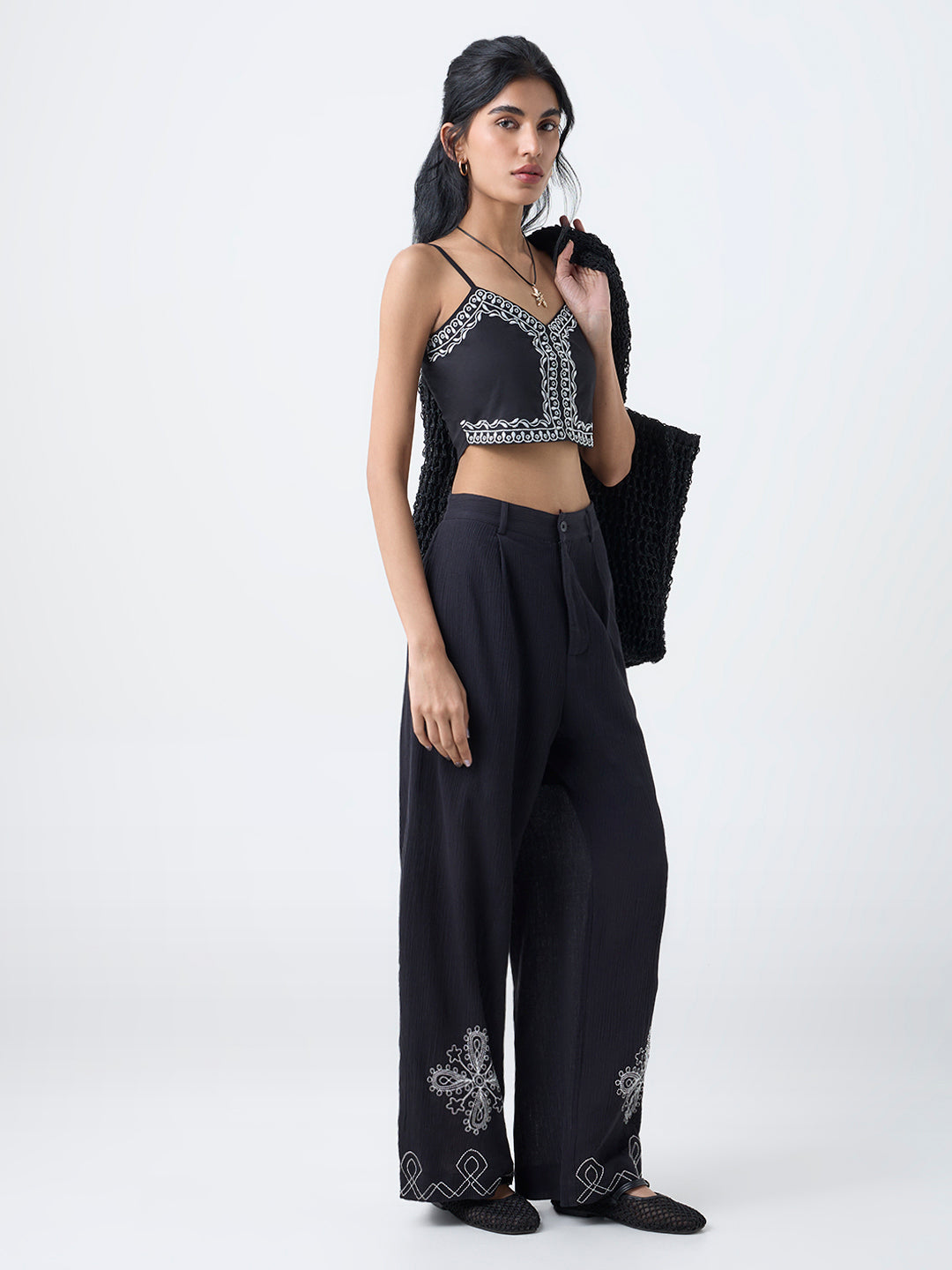 Bombay Paisley Black Embroidered Cotton Crop Top