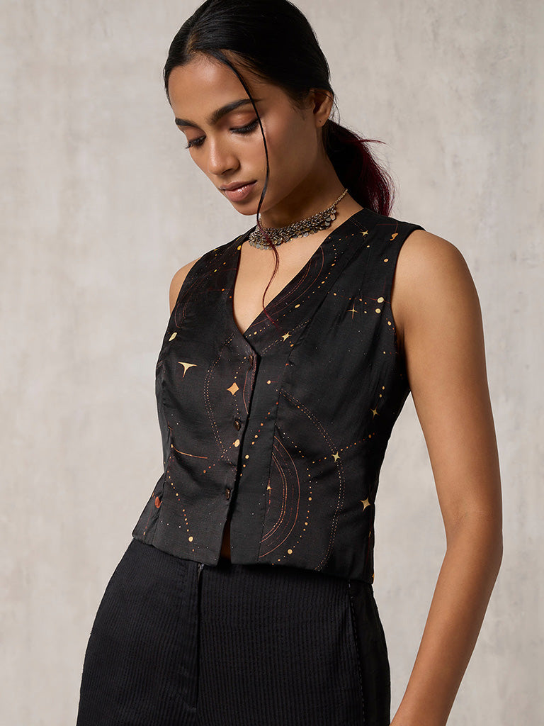 Samoh Printed Black Waist Coat